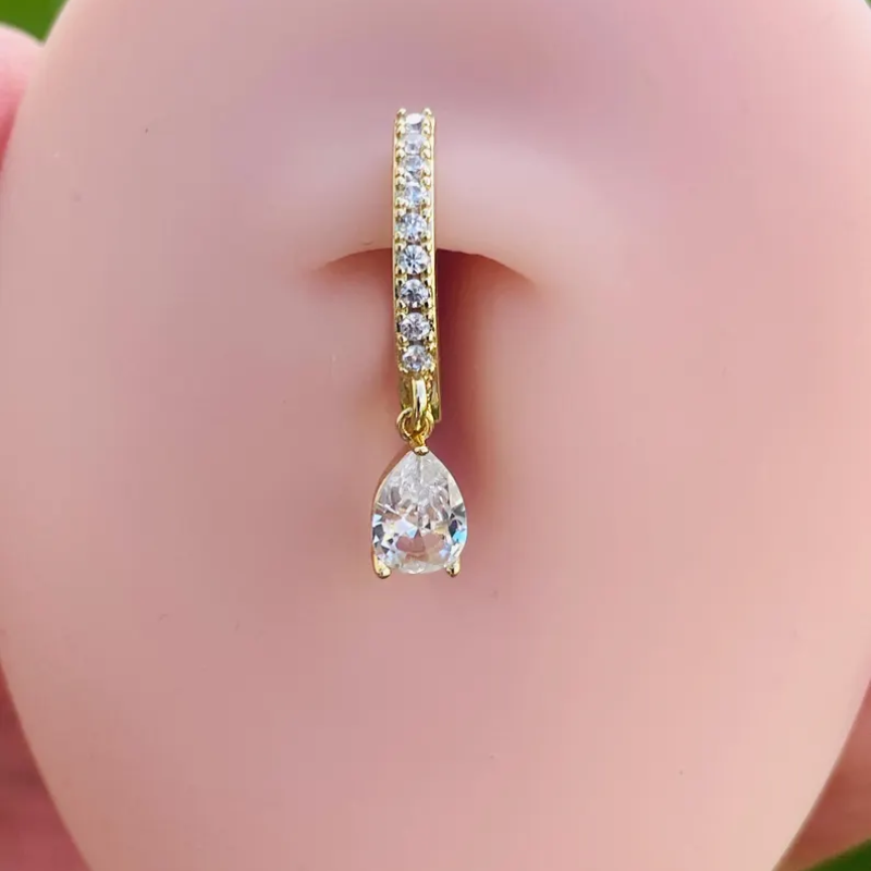 14k Gold Belly Button Ring Navel Ring Pear Shape Diamond Solid Gold