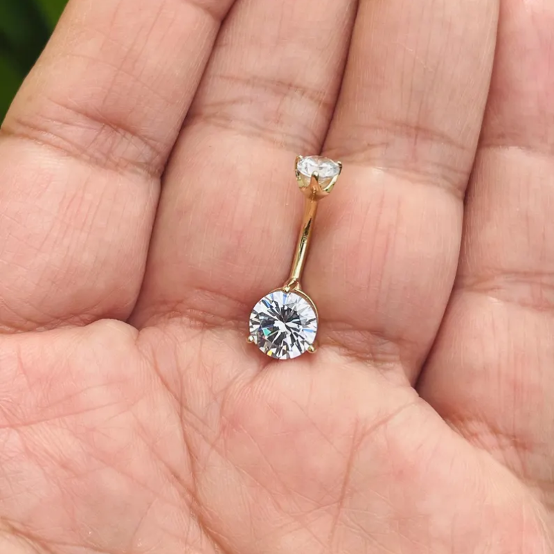 14k Gold Belly Button Ring Navel Ring 2 Round Moissanite Solid Gold Piercing Jewely