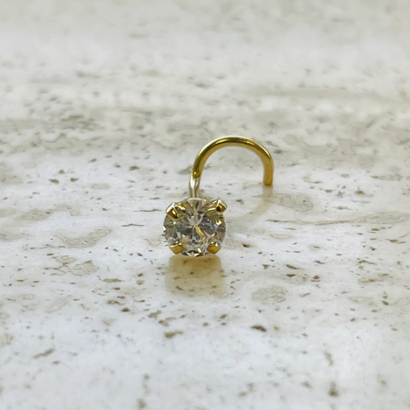 4mm Natural Diamond Nose Ring Fish Hook 14K Solid Yellow Gold 20G