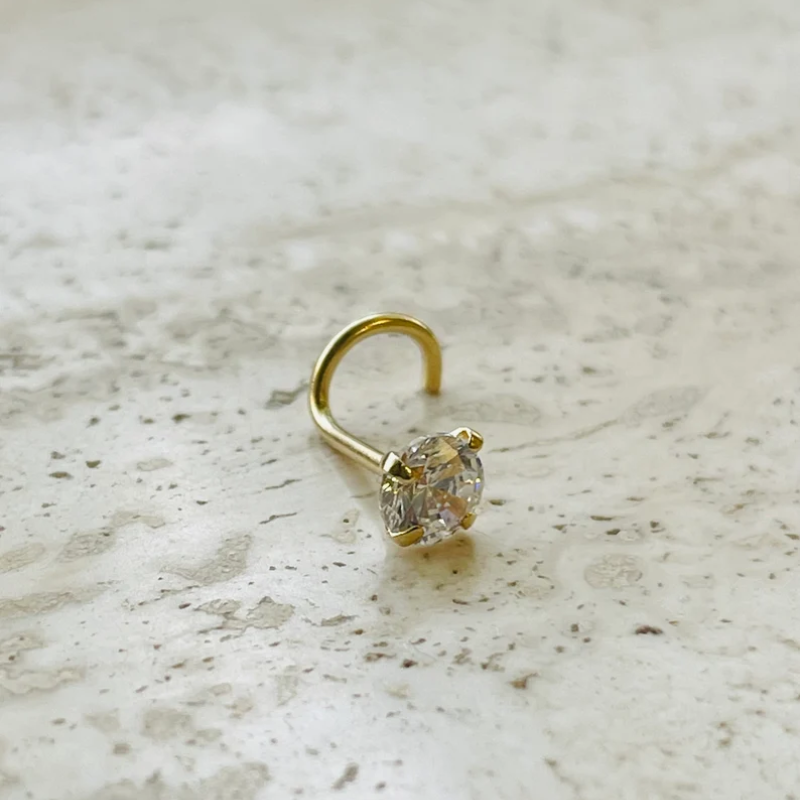 4mm Natural Diamond Nose Ring Fish Hook 14K Solid Yellow Gold 20G