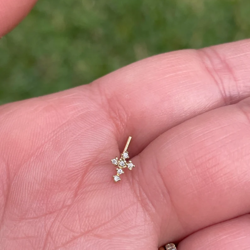 Cross Nose Ring Natural Diamond L Shape 14K Solid Gold 20 Gauge
