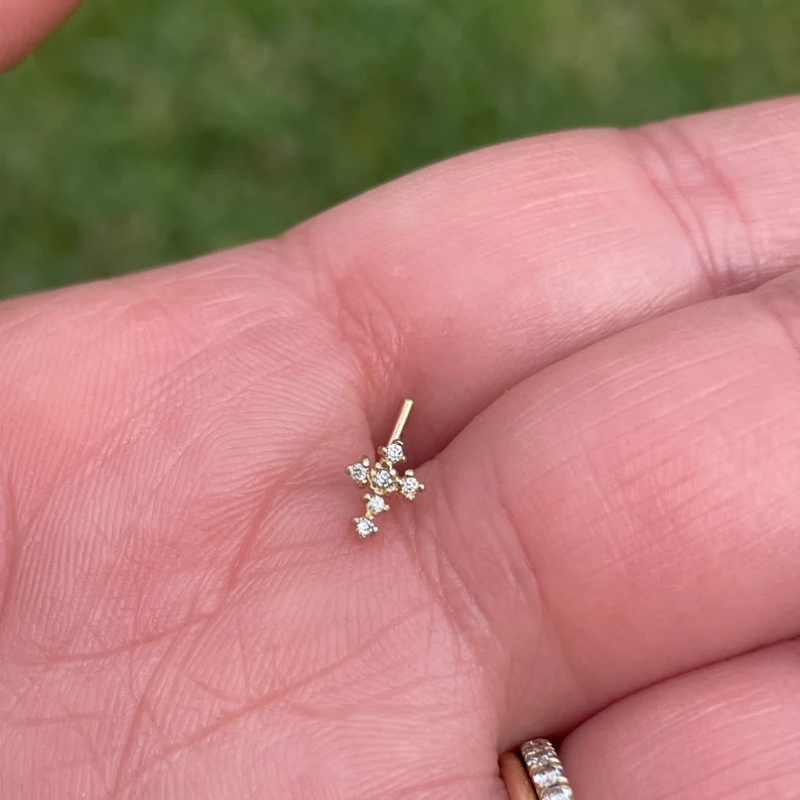 Cross Nose Ring Natural Diamond L Shape 14K Solid Gold 20 Gauge