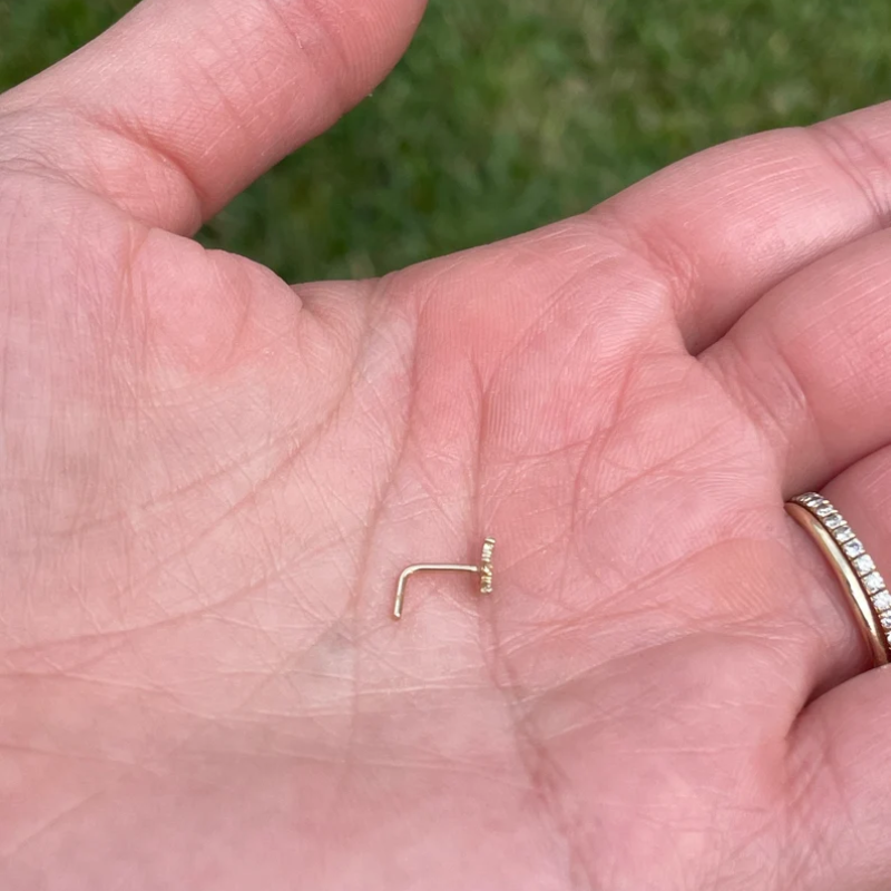 Cross Nose Ring Natural Diamond L Shape 14K Solid Gold 20 Gauge