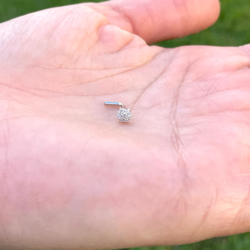 Flower Natural Diamond Nose Ring L Shape 14K Solid Gold 20 Gauge