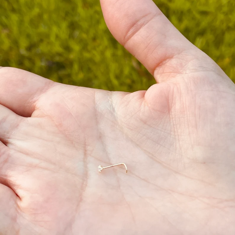 Nose Ring L Shape 20g With Cubic Zarconia Diamond 14K Solid Gold