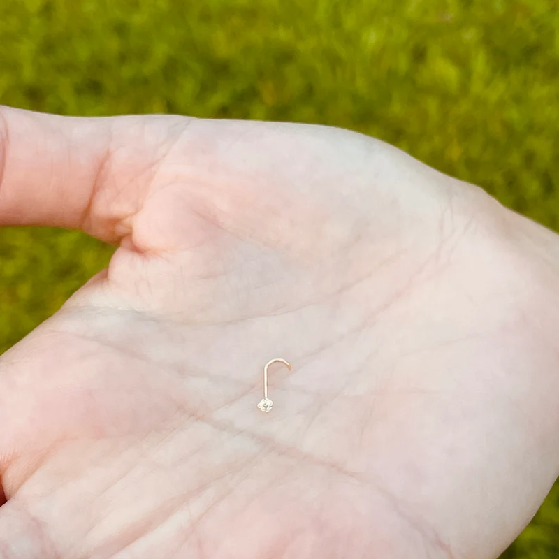 Nose Ring L Shape 20g With Cubic Zarconia Diamond 14K Solid Gold