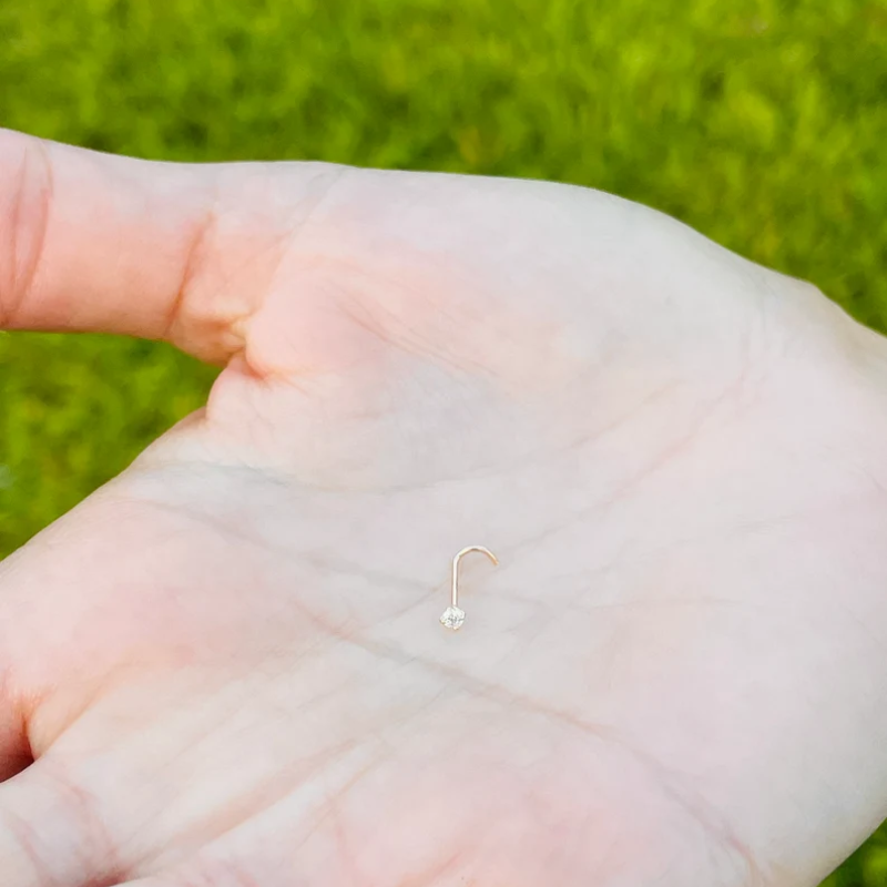 Nose Ring L Shape 20g With Cubic Zarconia Diamond 14K Solid Gold