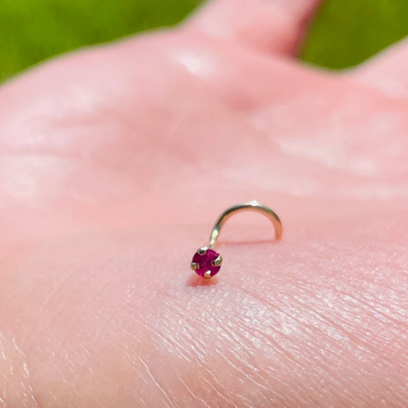 Nose Ring Screw 20g 3mm Natural Ruby 14K Solid Yellow Gold