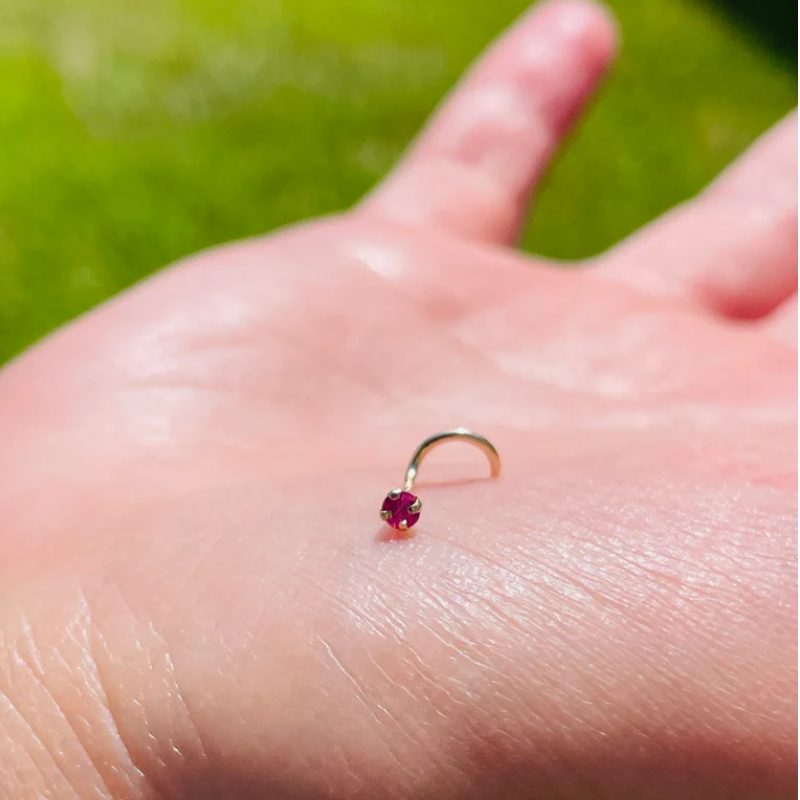 Nose Ring Screw 20g 3mm Natural Ruby 14K Solid Yellow Gold