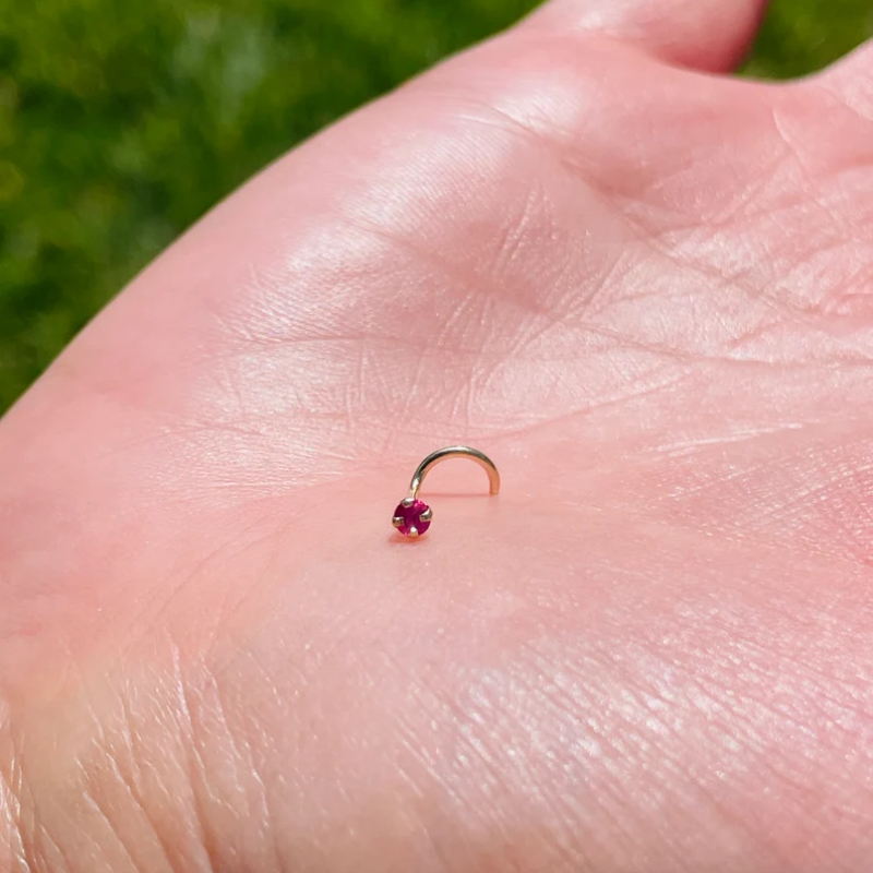 Nose Ring Screw 20g 3mm Natural Ruby 14K Solid Yellow Gold