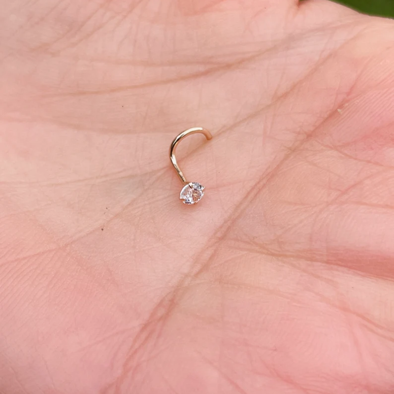 Nose Ring Screw 20g 3mm Round Cubic Zarconia 14K Solid Yellow Gold