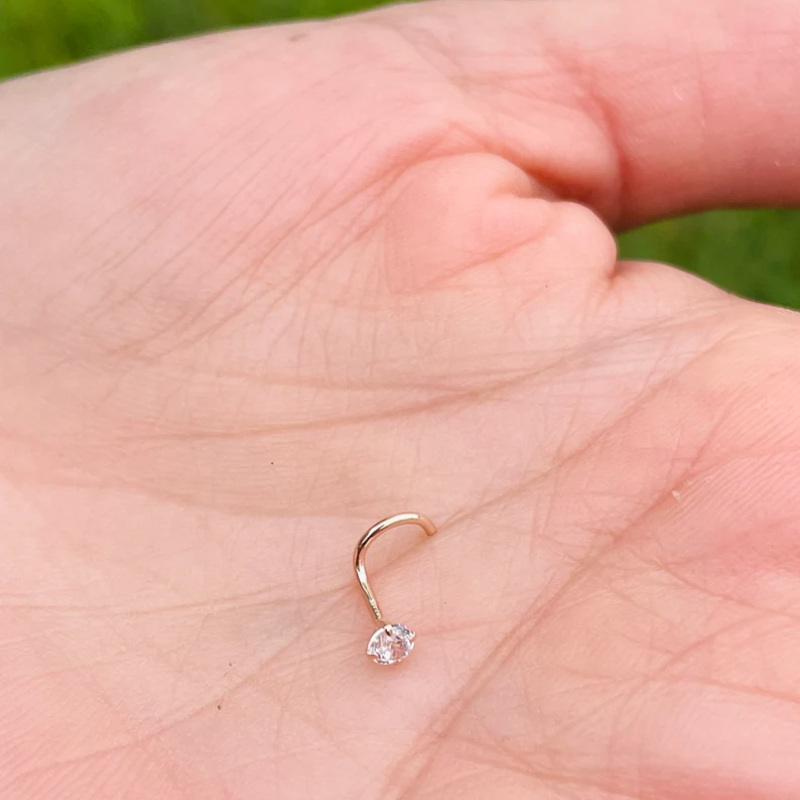 Nose Ring Screw 20g 3mm Round Cubic Zarconia 14K Solid Yellow Gold
