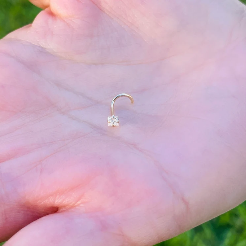 Nose Ring Screw 20g Princess Square Natural Diamond 14K Solid Yellow or white Gold