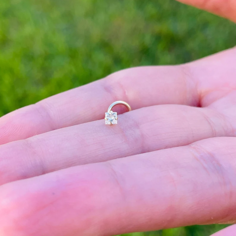 Nose Ring Screw 20g Princess Square Natural Diamond 14K Solid Yellow or white Gold