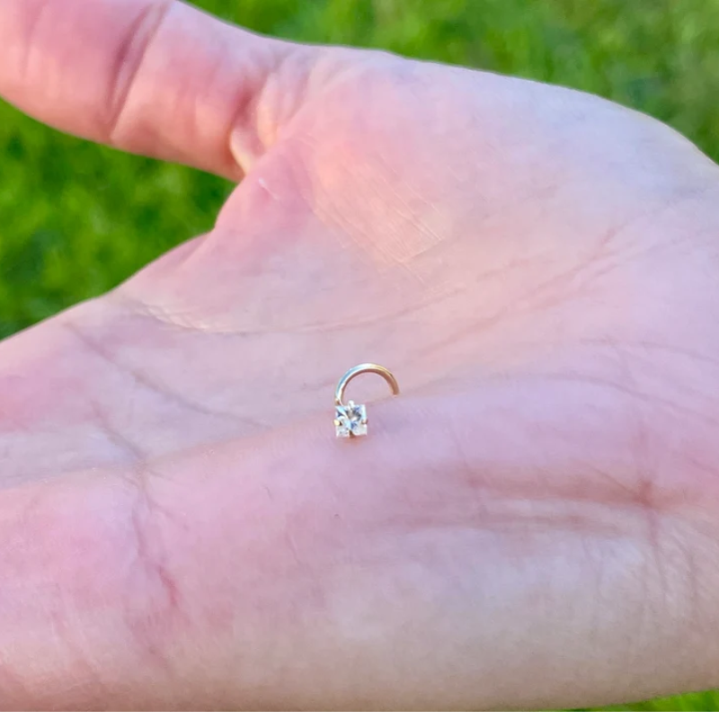 Nose Ring Screw 20g Princess Square Natural Diamond 14K Solid Yellow or white Gold