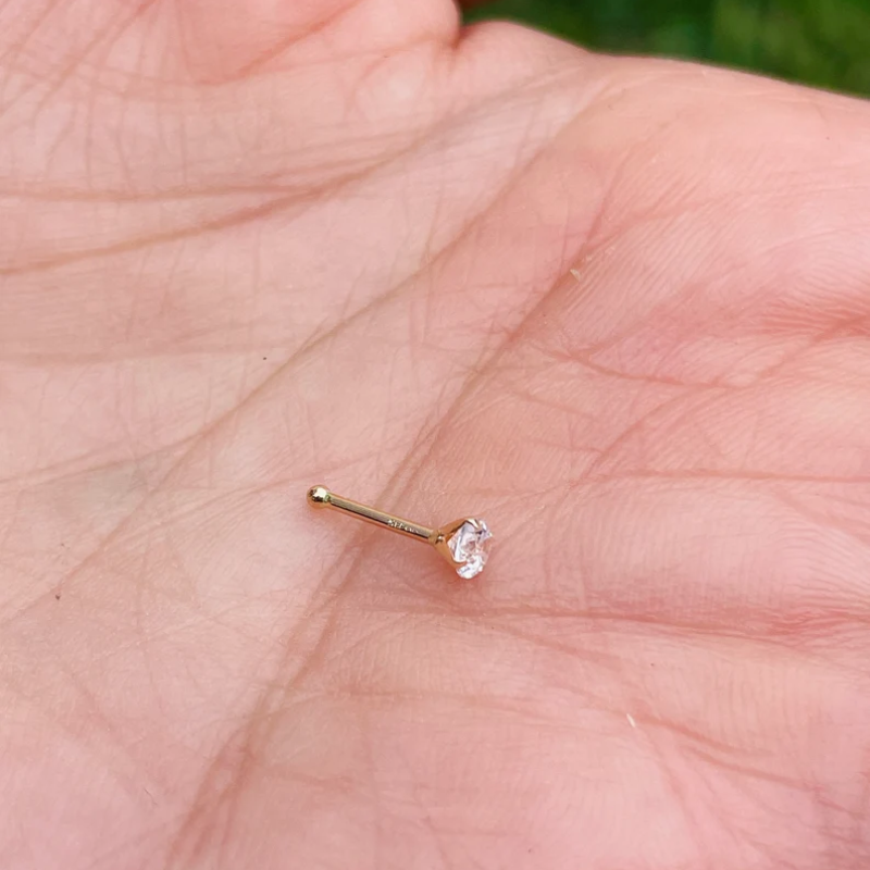 Nose Stud 20g 3mm Round Cubic Zirconia 14K Solid Yellow Gold