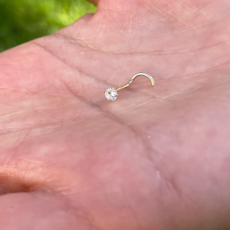 Nose Ring Screw 22g With Round CZ 14K Solid Gold