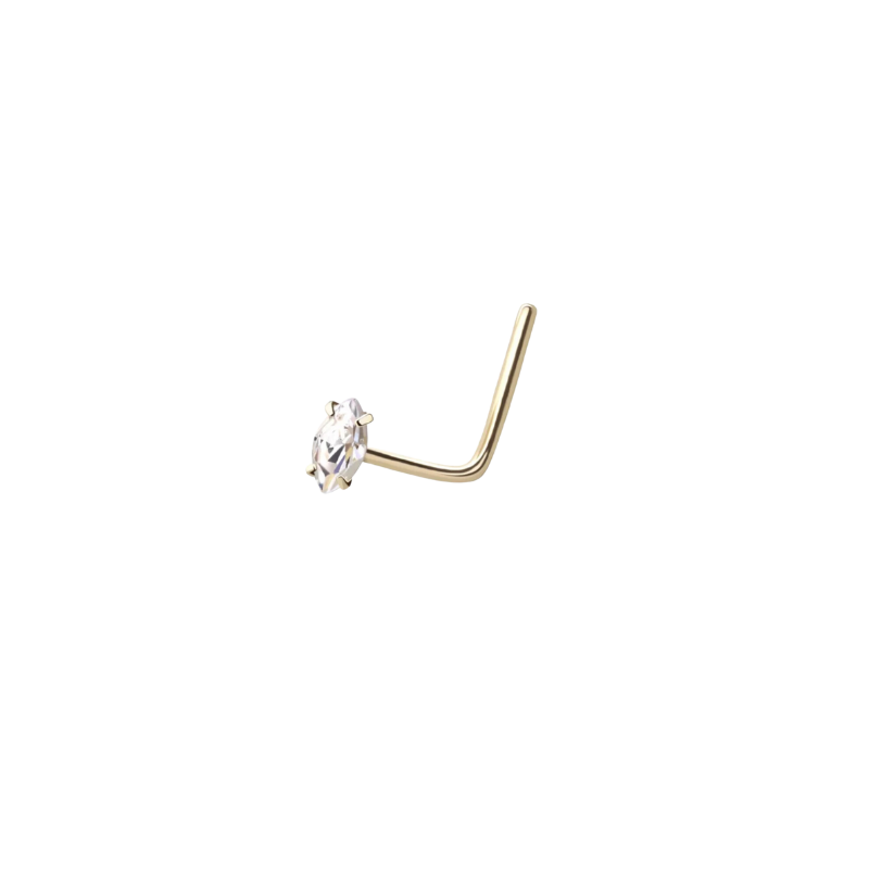 14k gold L shape nose ring with marquise diamond
