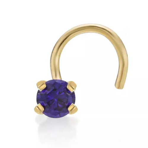 14K solid yellow gold nose ring screw 20g with 1.5mm–3mm round genuine purple sapphire, fine piercing jewelry