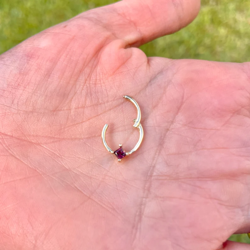 Square Red Genuine Ruby Hinged Nose Ring Septum Clicker Daith Helix Conch Rook Seam Hoop 14k Gold