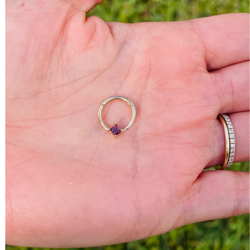Square Red Genuine Ruby Hinged Nose Ring Septum Clicker Daith Helix Conch Rook Seam Hoop 14k Gold