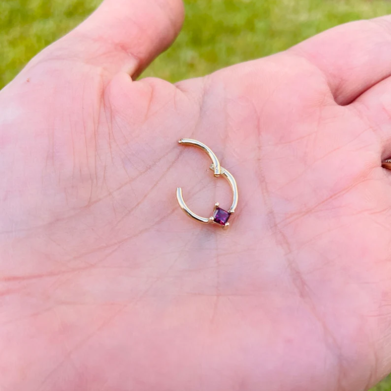 Square Red Genuine Ruby Hinged Nose Ring Septum Clicker Daith Helix Conch Rook Seam Hoop 14k Gold