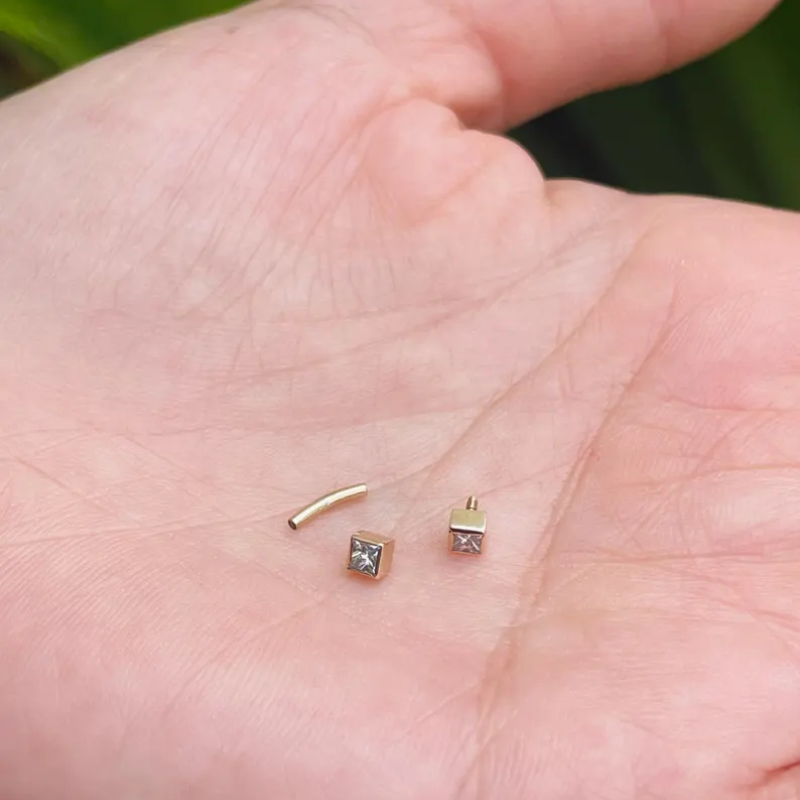 14k Gold Curved Barbell 16G 3mm Basel set Square Natural Diamonds for Tragus Rook Daith Eyebrows Piercing Jewelry