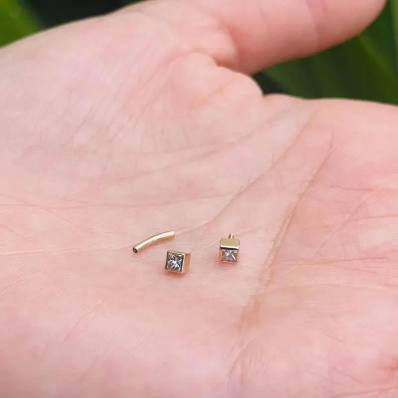 14k Gold Curved Barbell 16G 3mm Basel set Square Natural Diamonds for Tragus Rook Daith Eyebrows Piercing Jewelry