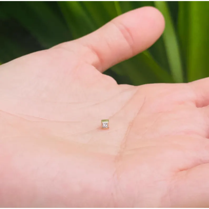 Dermal Top 3mm Princess Cut Natural Diamond Labret Stud 14k Gold Bazel Setting