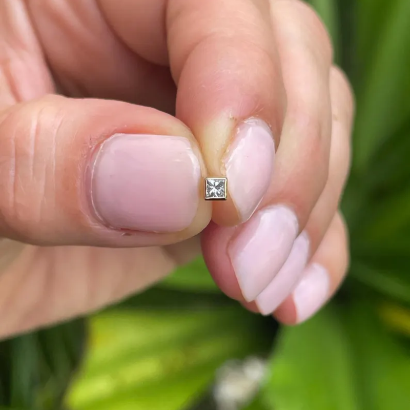 Dermal Top 3mm Princess Cut Natural Diamond Labret Stud 14k Gold Bazel Setting