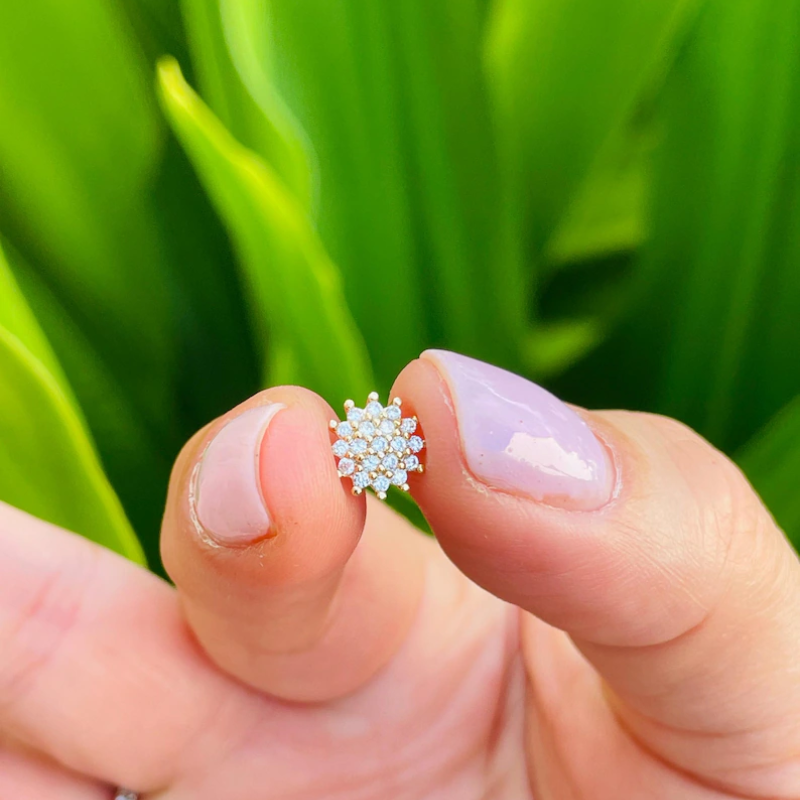 Dermal Top Flower With Natural Diamonds Labret Stud With 14K Solid Yellow Gold