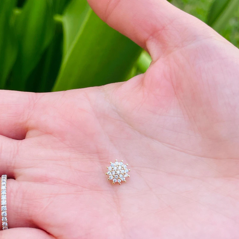 Dermal Top Flower With Natural Diamonds Labret Stud With 14K Solid Yellow Gold