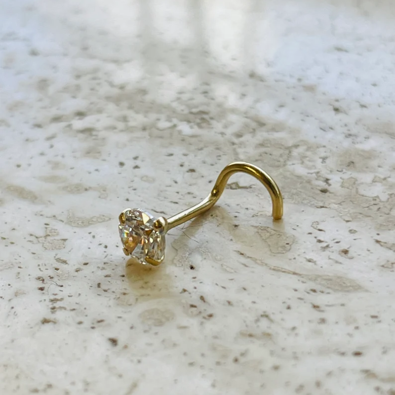 4mm CZ Nose Ring Fish Hook 14K Solid Yellow Gold 20 Gauge