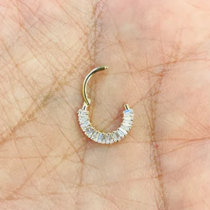 Baguettes Diamond Hinged Nose Ring Septum Clicker Daith Conch Helix Hoop 14k Solid Gold