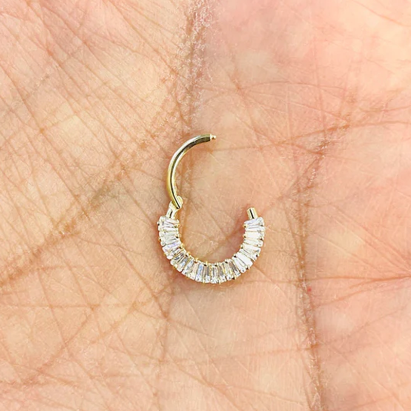 Baguettes Diamond Hinged Nose Ring Septum Clicker Daith Conch Helix Hoop 14k Solid Gold