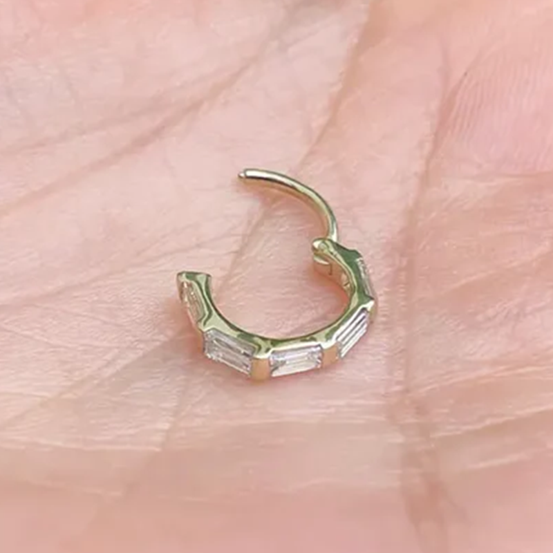 Baguettes Diamonds Septum Ear Clicker 14k Solid Gold Daith and Conch Piercing Jewelry
