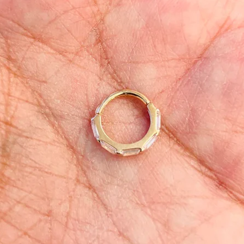 Baguettes Diamonds Septum Ear Clicker 14k Solid Gold Daith and Conch Piercing Jewelry