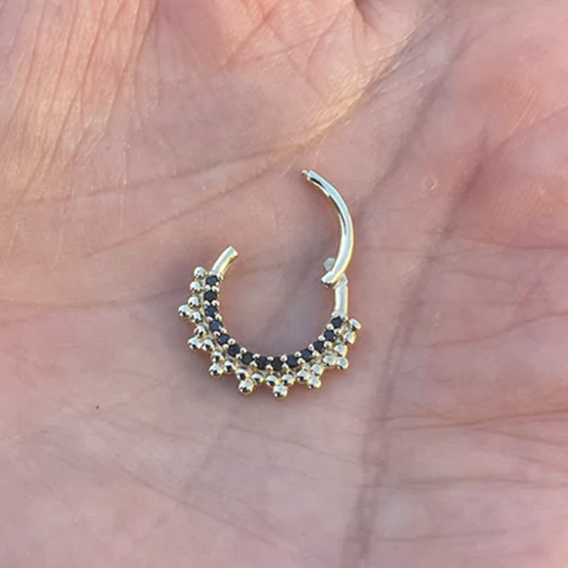 Beads and Black Natural Diamonds Nose Ear Jewelry Daith Helix Conch Septum Clicker Hoop 14k Gold