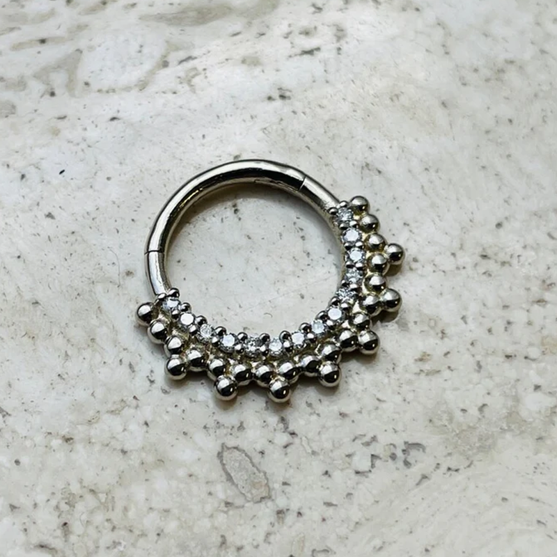 Beads and Diamonds Hinged Nose Jewelry Daith Septum Ear Clicker Hoop 14k Solid Gold