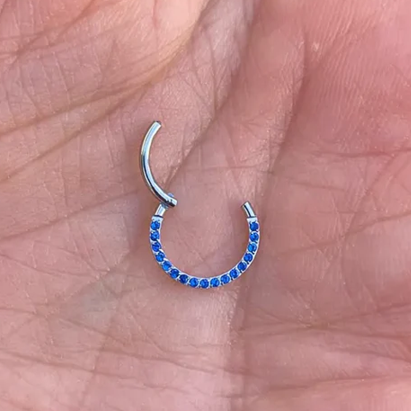 Blue Sapphires Cartlige Rook Septum Ring Clicker Conch Daith Hoop Jewelry 14k Solid Gold Seam Ring