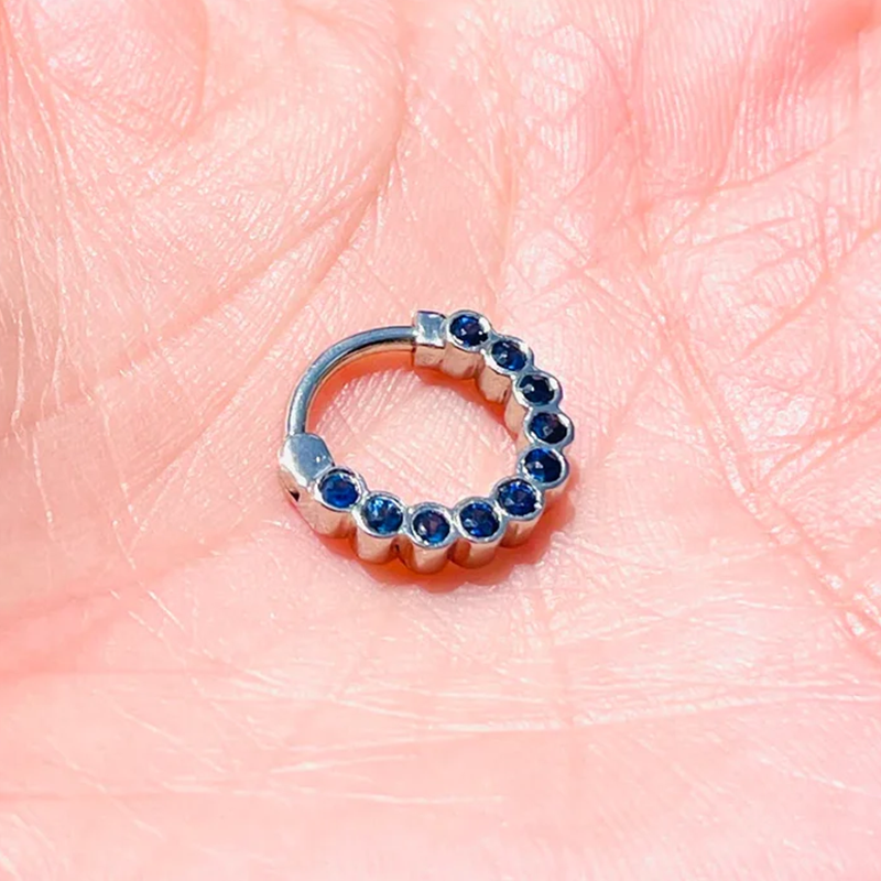 Blue Sapphires Hinged Nose Ear Poercong Septum Jewelry Clicker Daith Conch Helix Hoop 14k Solid Gold