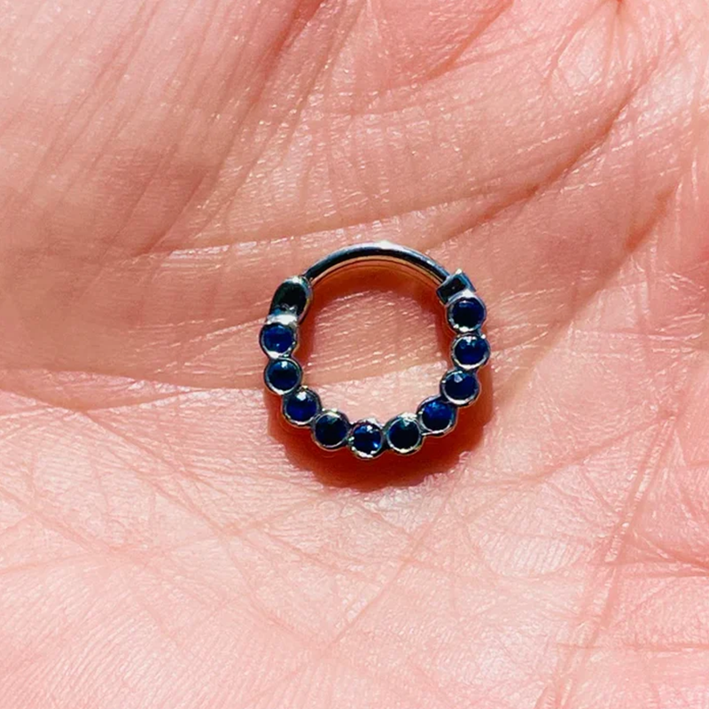 Blue Sapphires Hinged Nose Ear Poercong Septum Jewelry Clicker Daith Conch Helix Hoop 14k Solid Gold