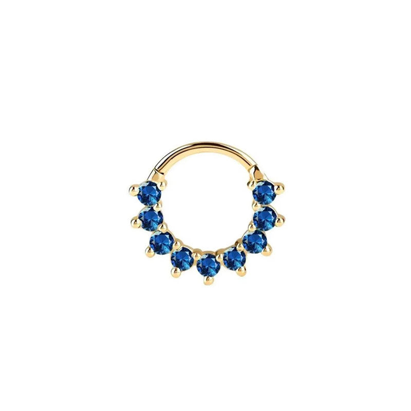 Blue Sapphires Hinged Seam Ring Hoop Septum Clicker Daith Helix Conch Rook Hoop 14k Solid Gold