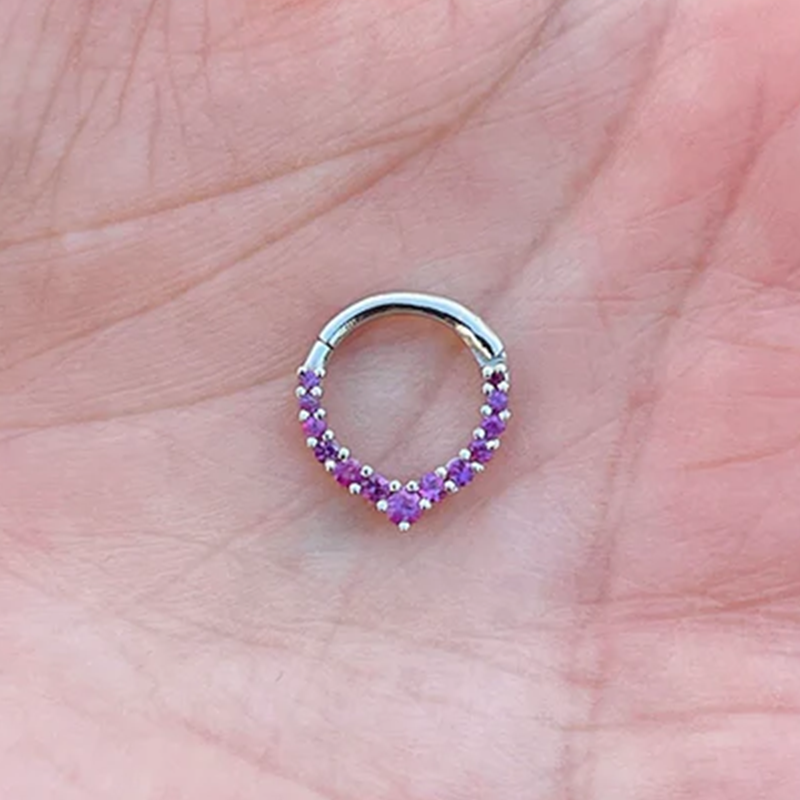 Chevron Rook and Septum Clicker Daith Hoop Pink Sapphires 14k Gold Helix Ring