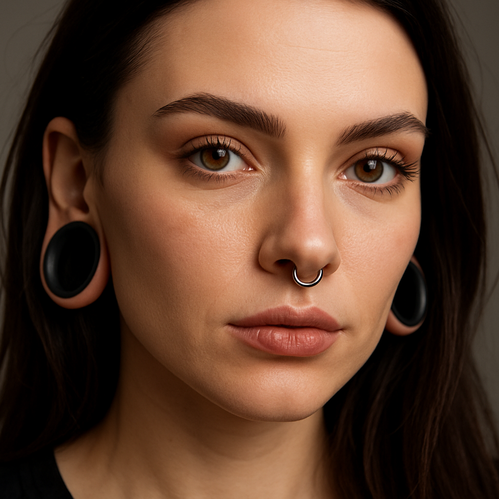 Close-up portrait of a model with ear gauges and septum piercing