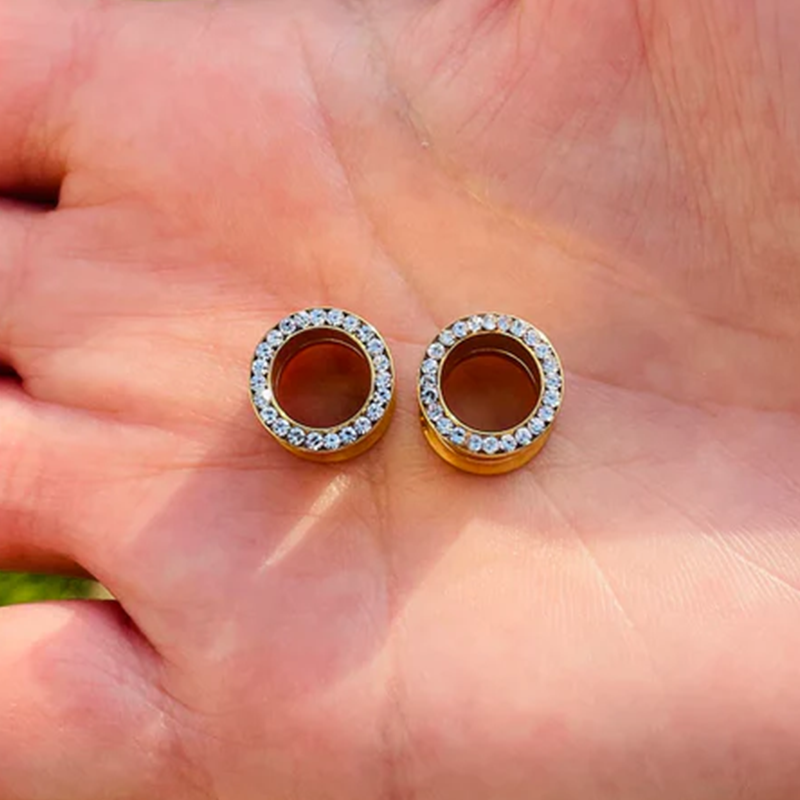 Double Flared 14k Solid Gold Ear Plugs Gauges Flesh Tunnels With Genuine Diamonds