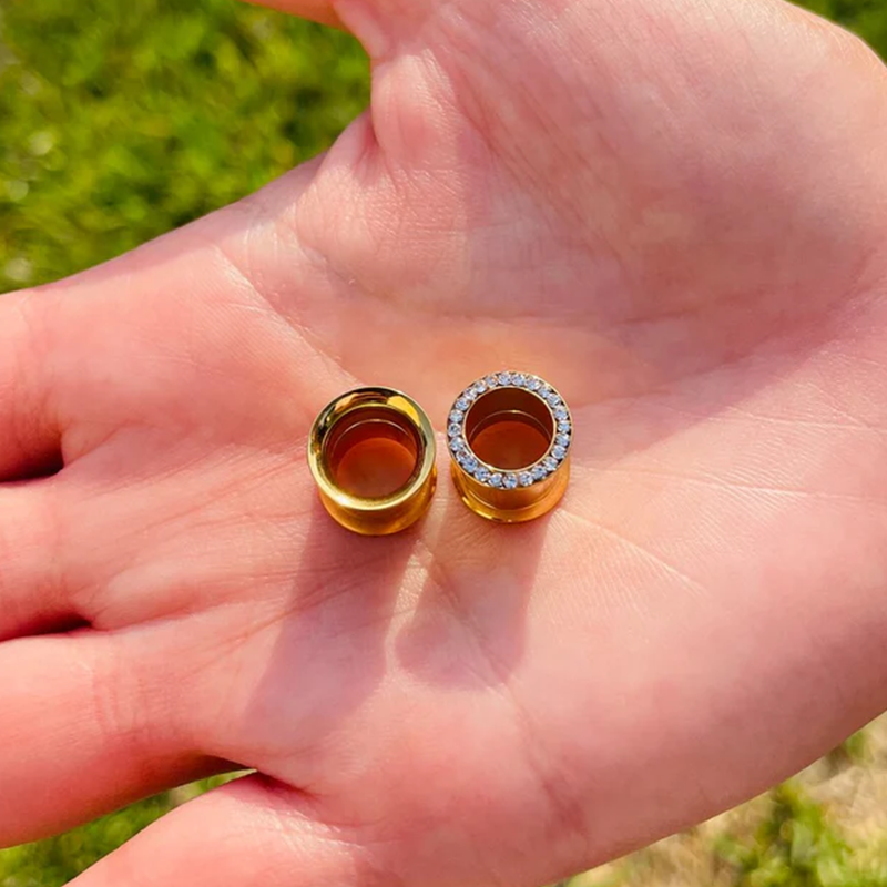 Double Flared 14k Solid Gold Ear Plugs Gauges Flesh Tunnels With Genuine Diamonds