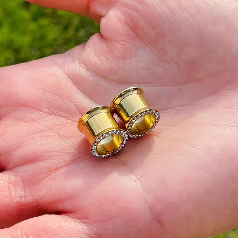 Double Flared 14k Solid Gold Ear Plugs Gauges Flesh Tunnels With Genuine Diamonds