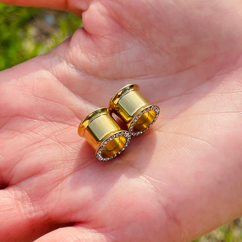 Double Flared 14k Solid Gold Ear Plugs Gauges Flesh Tunnels With Genuine Diamonds