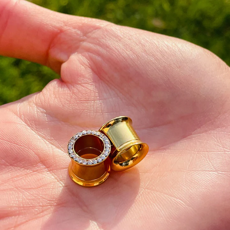 Double Flared 14k Solid Gold Ear Plugs Gauges Flesh Tunnels With Genuine Diamonds